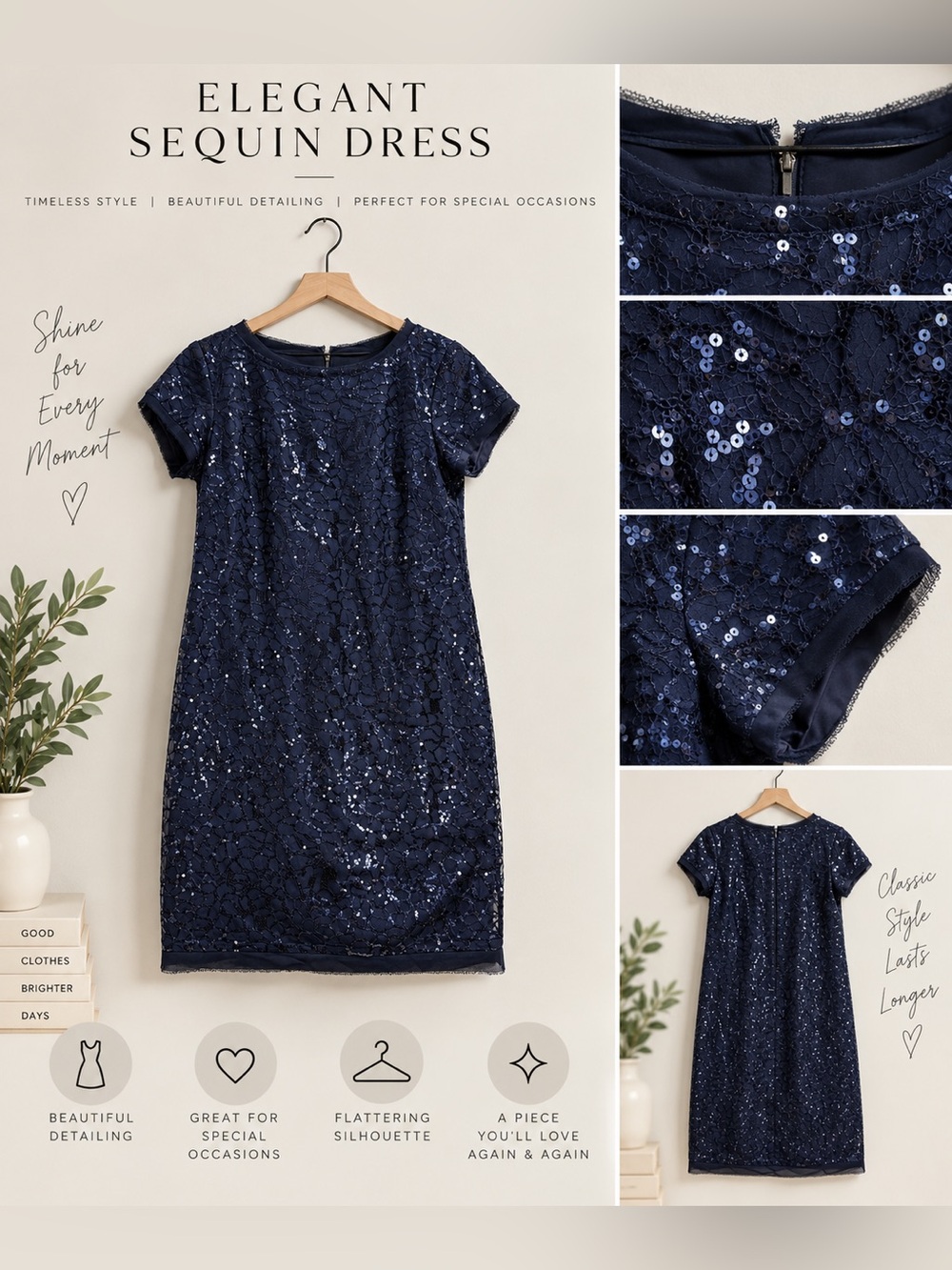 Vince Camuto Navy Sequin Lace Shift Dress